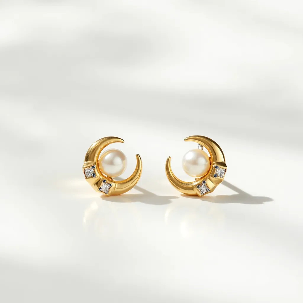 These moon earrings are a striking blend of elegance and celestial design. The crescent moons are crafted from a lustrous gold material, providing a warm and polished finish. Nestled within the open curve of each crescent is a smooth, spherical pearl that adds a classic touch. The earrings are further embellished with small, square-cut gems, possibly diamonds or cubic zirconia, set into the gold crescent. These gems are held in simple prong settings, adding subtle sparkle without overshadowing the pearl. The earrings appear to have a straightforward post and butterfly clasp attachment, ensuring a secure fit.