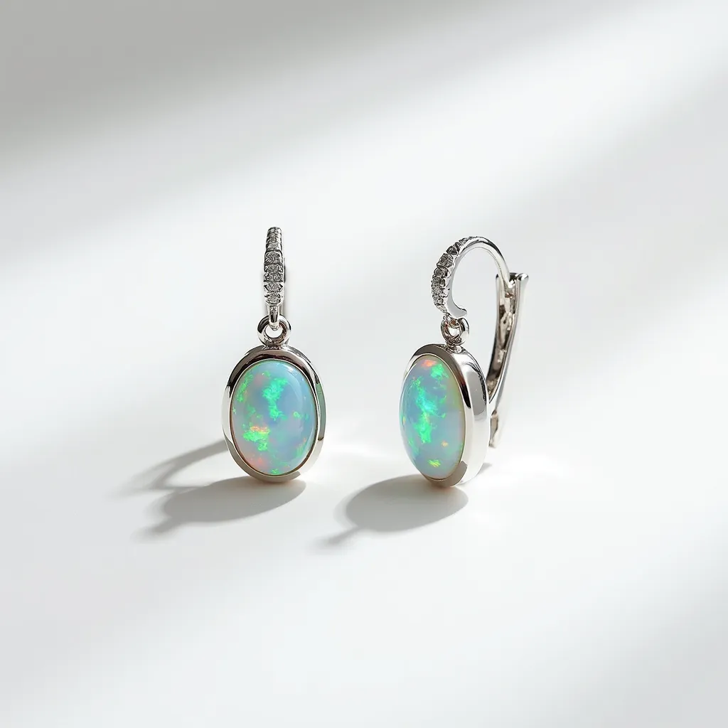 These opal earrings feature striking oval-shaped opals at their center, showcasing a mesmerizing play of colors ranging from vibrant greens to soft blues. The opals are set in a sleek, polished metal bezel that enhances their luminescent quality. Each earring is adorned with a row of small, sparkling accent stones, adding an elegant touch to the design. The earrings are attached with a secure, hinged clasp, ensuring both comfort and style for the wearer.