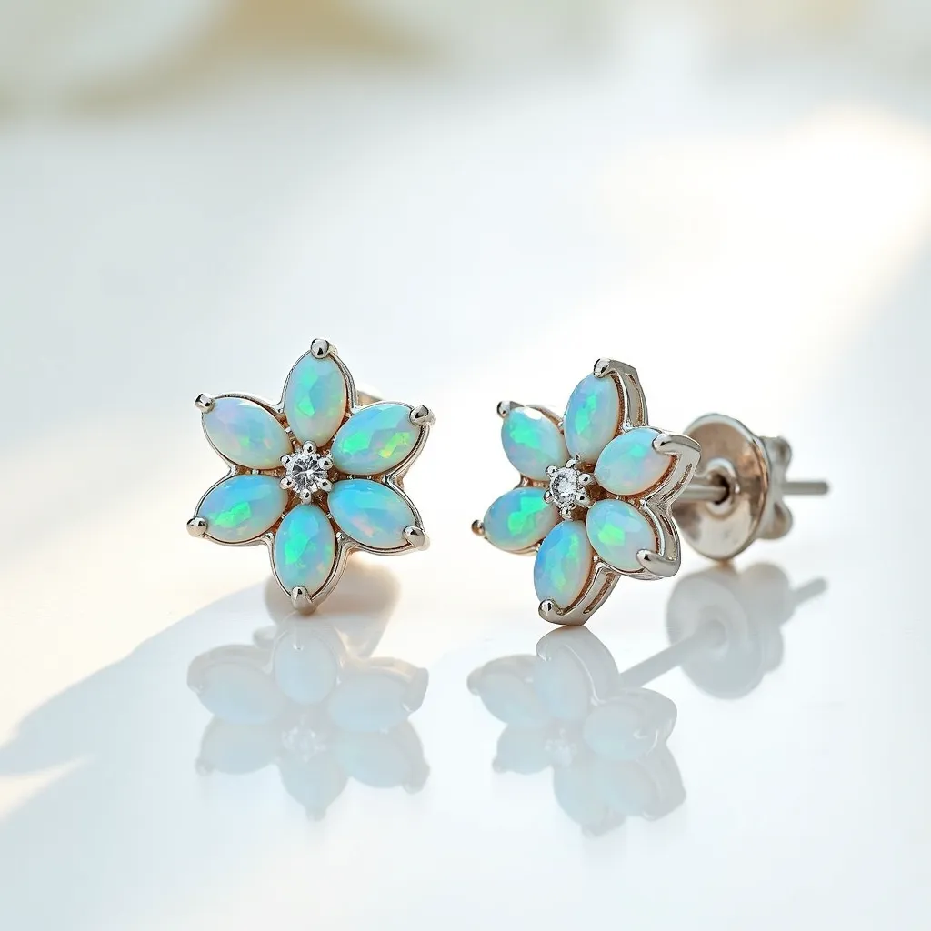 These opal earrings feature a floral design with marquise-cut opals forming the petals, exuding a captivating iridescent glow typical of opals. At the center of each floral earring, a small, round-cut diamond is set, adding a touch of sparkle and elegance. The opals are mounted in a metal setting that appears to be either white gold or silver, complementing the colors of the stones. These earrings are secured with a post and butterfly back clasp, ensuring a snug and secure fit when worn.