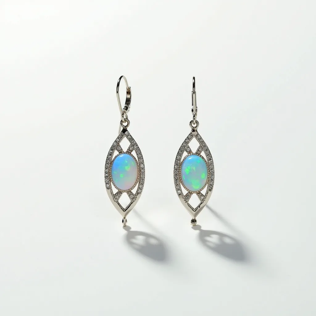 These opal earrings feature an elegant design with oval-shaped opals set as the centerpiece. The opals display a spectrum of colors, characteristic of high-quality opal gems. Surrounding each opal is a delicate metal framework that appears to be encrusted with small, clear stones, likely diamonds, enhancing the overall brilliance. The metal appears to be silver or white gold, giving a sleek, reflective look. The earrings use a lever-back clasp, providing a secure and comfortable fastening option. The cut and setting highlight the opals' vibrant colors, making these earrings a striking accessory.