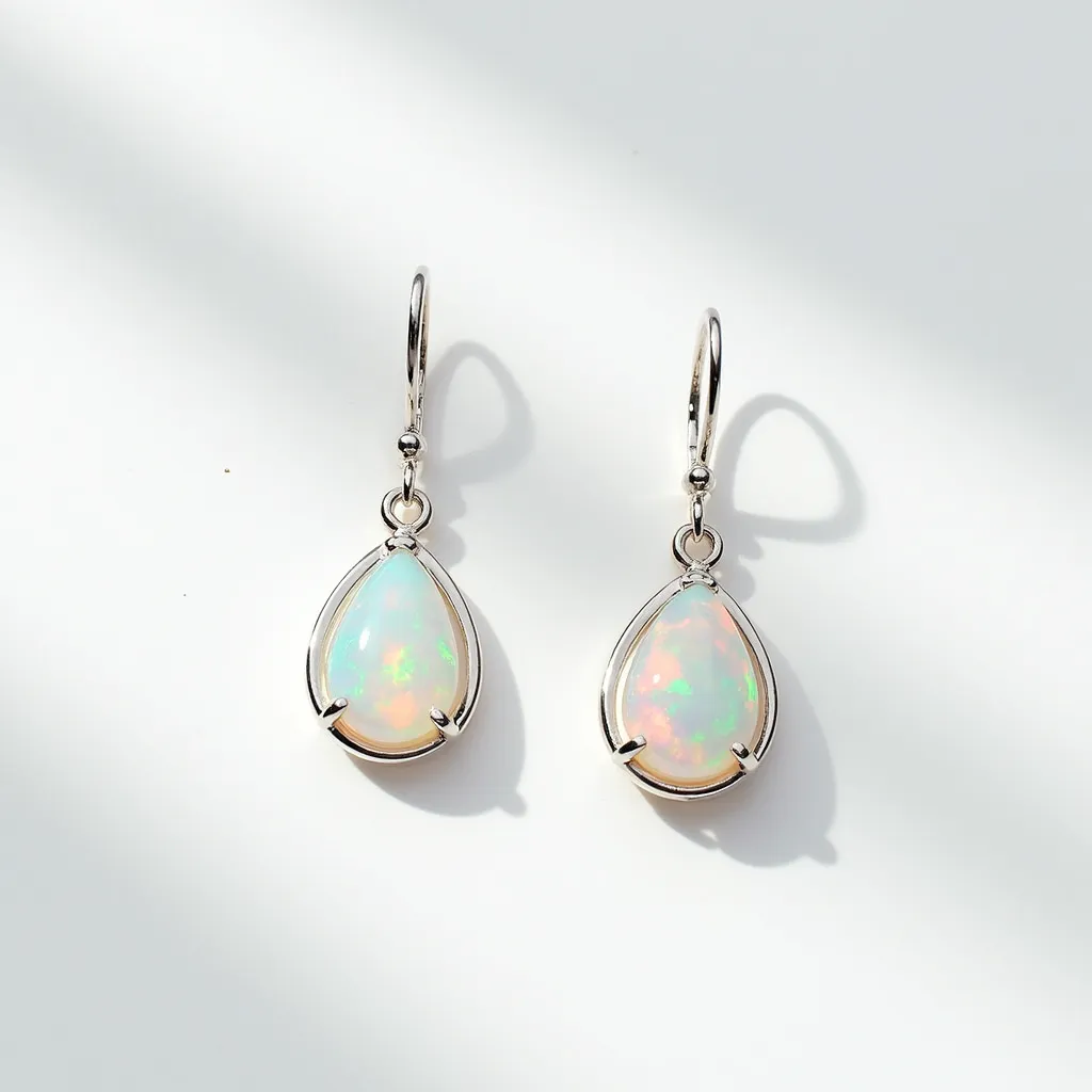 These opal earrings feature captivating pear-shaped opal gemstones that exhibit a mesmerizing play of color, ranging from ethereal blues and greens to subtle pinks and yellows. The opals are elegantly set in a secure, minimalist prong setting, which allows the full brilliance of the stones to be showcased. The earrings are crafted from a bright, polished metal, likely silver or white gold, which complements the colorful hues of the opals. These earrings use a graceful shepherd hook clasp, providing ease of wear and a touch of sophistication to the overall design.