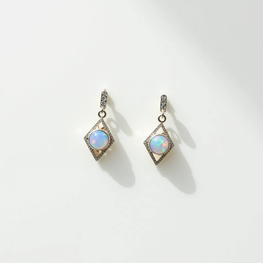 These opal earrings feature a central opal gemstone, cut into a smooth cabochon, exhibiting a captivating play of colors that are characteristic of quality opals. The stones are nestled securely within a bezel setting, framed by a decorative diamond-shaped border adorned with smaller stones or possibly intricate metalwork for added elegance. The earrings employ a lever-back clasp for secure and comfortable wear. The metal, likely a polished gold or silver alloy, complements the opal's iridescence and provides a luxurious finish to the overall design.