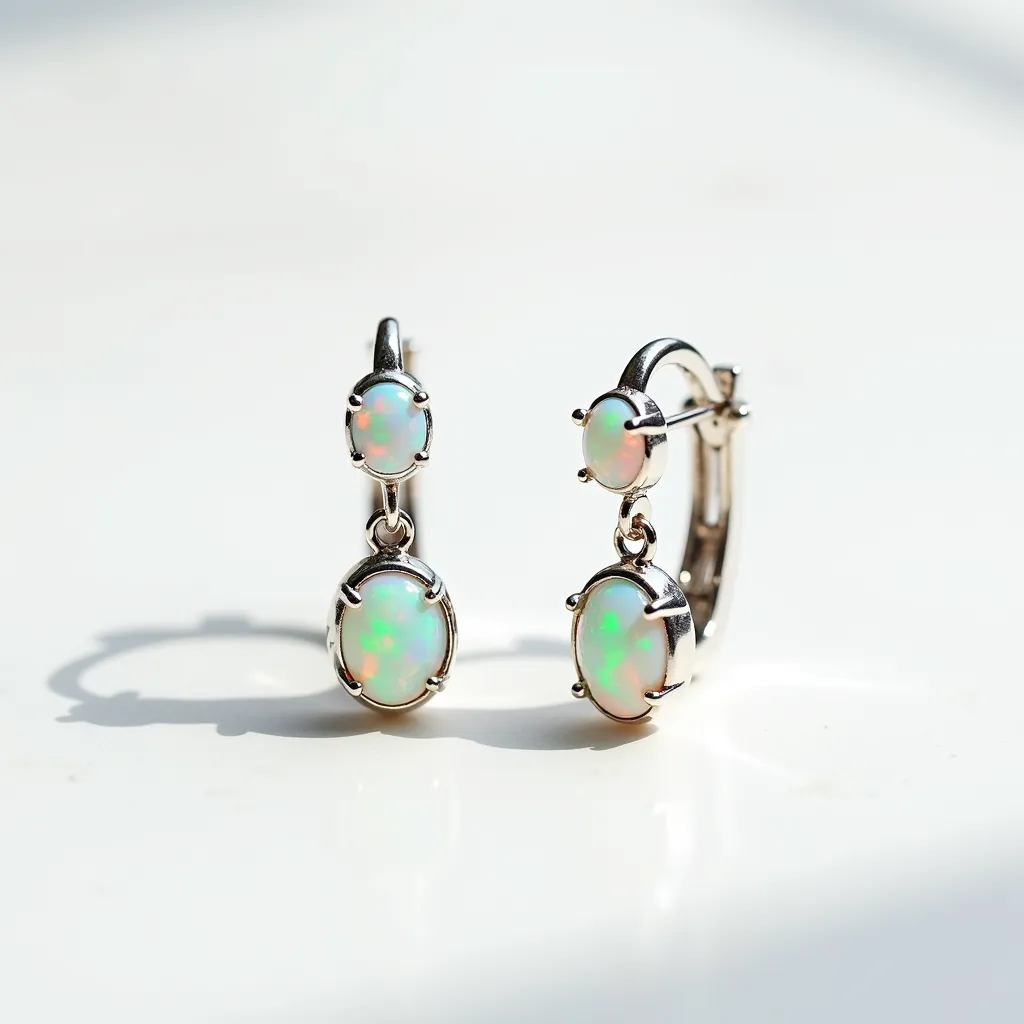 These opal earrings feature two luminous opals set in a sleek metal framework, likely silver or white gold, providing a complementary backdrop to the stones' iridescent play of colors. Each earring consists of two opals aligned vertically, the top being smaller than the bottom. The opals are cut into an oval shape and secured within a classic prong setting that enhances their stunning visual appeal. The earrings are designed with a lever-back clasp, ensuring they are securely fastened when worn. The overall design exudes an elegant and timeless aesthetic, making them suitable for various occasions.