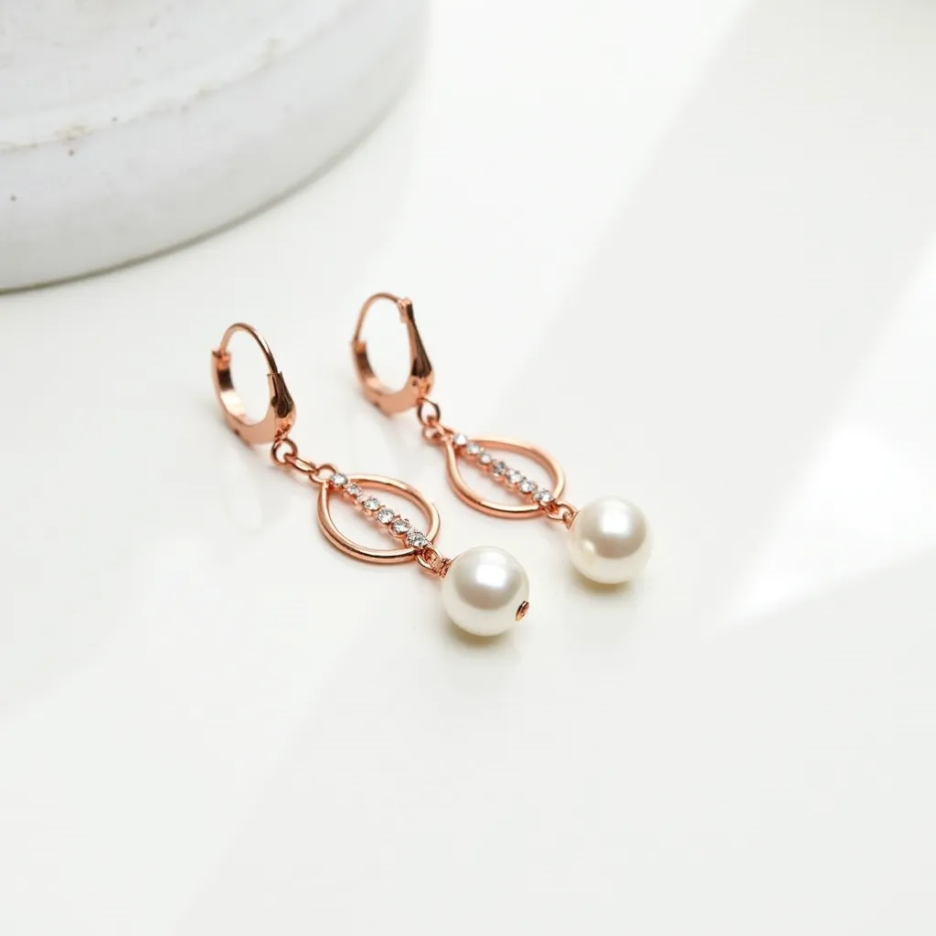 These pearl drop earrings feature elegant design elements crafted with rose gold-toned metal, showcasing a classic and sophisticated style. The pendants consist of a teardrop-shaped outline encrusted with small, clear gemstones, likely cubic zirconia or diamonds, which add a touch of sparkle. Each earring suspends a single, round pearl, providing a timeless charm to the overall piece. The earrings are secured with a hinged leverback clasp, ensuring ease of wear and a secure fit. The combination of the materials and design makes these earrings a versatile and luminous accessory suitable for various occasions.