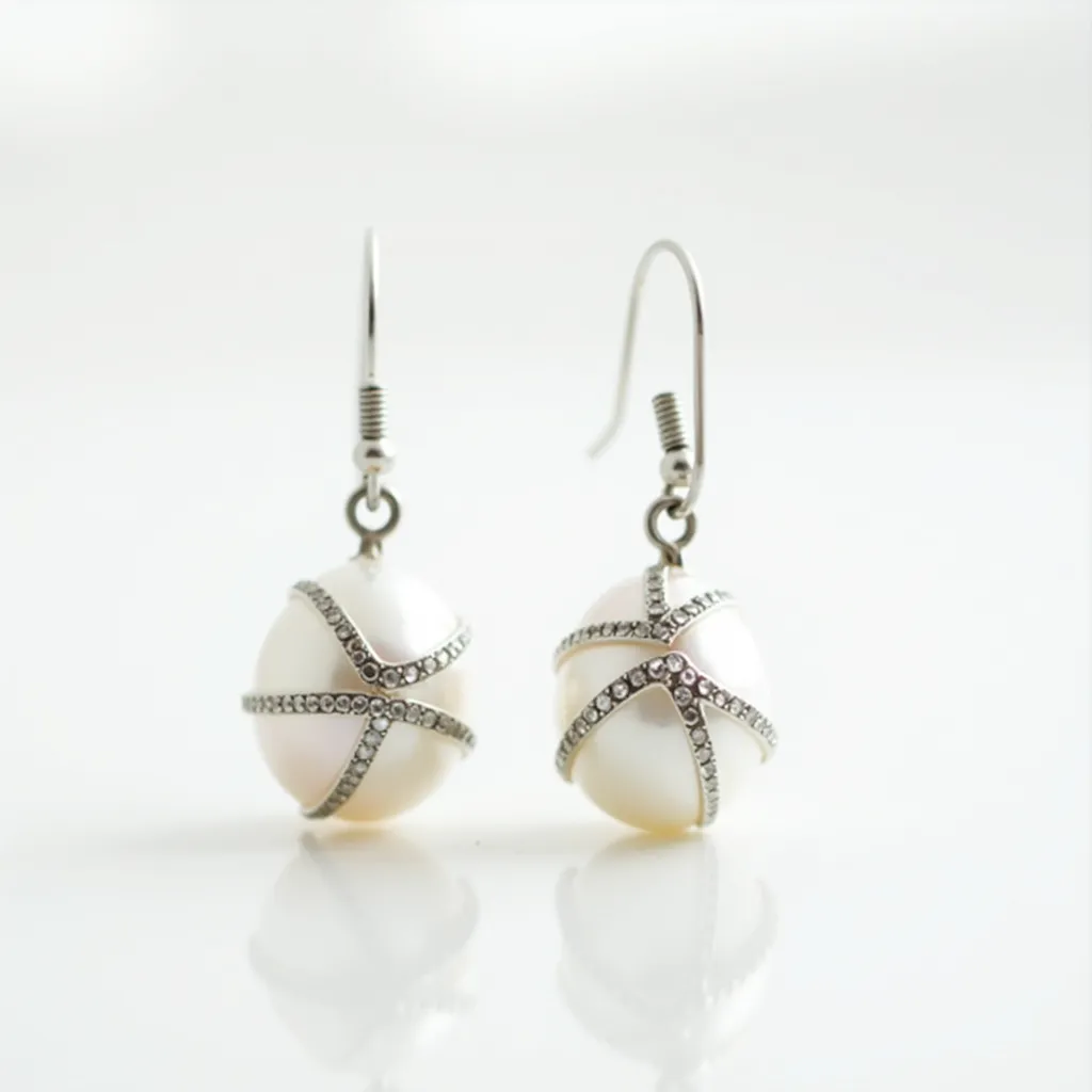 These pearl drop earrings feature large, lustrous pearls as the central element, elegantly wrapped in metal settings that are adorned with small, sparkling gemstones. The gems are carefully set in thin, crisscrossing bands that create a glamorous and intricate pattern around the pearls. The ear hooks are made of metal, providing a secure and comfortable attachment that complements the overall aesthetic of the earrings. These hooks elegantly curve into classic fishhook-style clasps, ensuring easy wearability. The combination of the smooth, reflective pearls and the glistening accents make these earrings a sophisticated accessory.