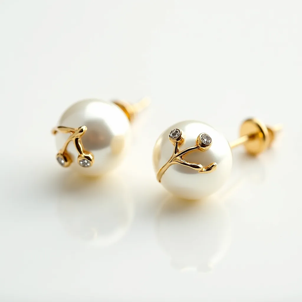 These pearl earrings feature a sophisticated design with a smooth, lustrous pearl as the focal point. The pearls are elegantly accented by a branch-like gold setting, which also cradles small round-cut diamonds at the ends of its extensions, adding a touch of sparkle. The earrings are affixed with a golden metal push-back closure, providing both security and ease of wear. The combination of the soft sheen of the pearl with the shimmer of the diamonds and the warmth of the gold setting creates a classic and elegant jewelry piece.