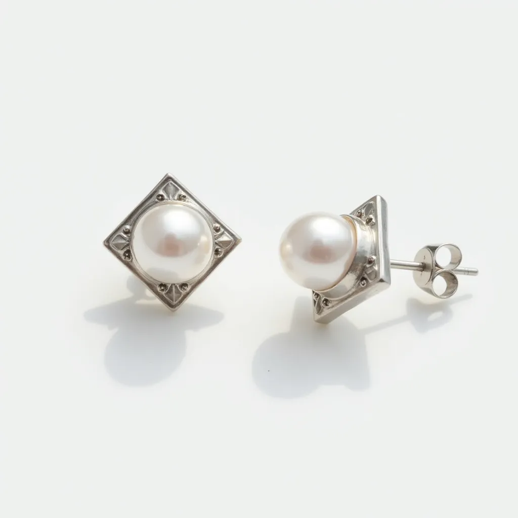 These pearl earrings feature a central round pearl, showcasing a lustrous surface that captures light elegantly. The pearl is set within a square silver metal frame, adorned with small decorative elements at each corner, enhancing its classic appeal. The earrings are constructed with a post and butterfly clasp, providing a secure and comfortable fit when worn. The combination of the smooth pearl and the detailed metalwork creates a sophisticated and timeless design, suitable for various occasions.