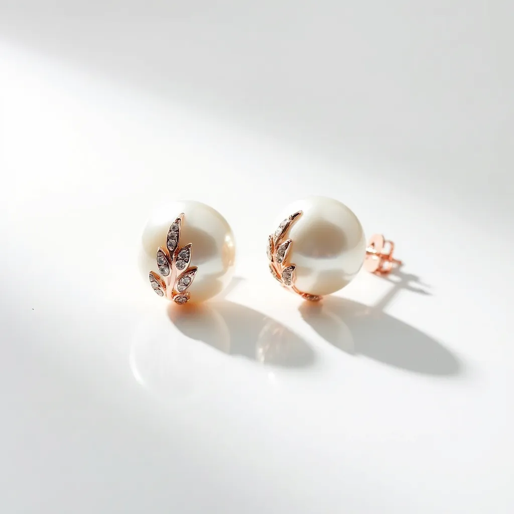 These pair of pearl earrings features a lustrous, round pearl as the centerpiece. The pearls are elegantly complemented by a leaf motif crafted in rose gold, which wraps partially around each pearl. The leaves are adorned with small, sparkling white gemstones, set in a pavé style to enhance their intricate design. These earrings are secured with a classic stud post and butterfly clasp, ensuring a comfortable fit while adding a touch of sophistication and elegance to any ensemble.