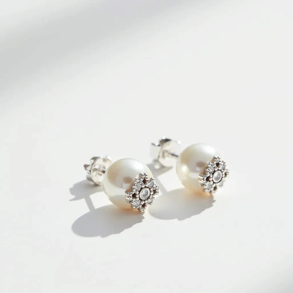 These pearl earrings feature lustrous pearls as the centerpiece, showcasing their classic round shape. Surrounding each pearl is a floral-like design encrusted with smaller gemstones, most likely diamonds, which add a touch of sparkle and elegance. The gems are cut in a round shape and are set in a prong setting, enhancing their brilliance. These earrings are attached using a traditional stud post and butterfly back, ensuring a secure and comfortable fit. The combination of pearls and sparkling stones makes these earrings both timeless and versatile.