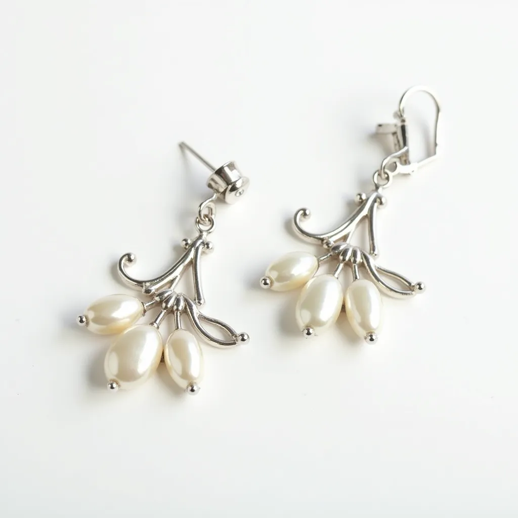 These pearl earrings feature an elegant design with three elongated, lustrous pearls on each earring, set in a delicate silver framework. The pearls hang in a cascade, adding a graceful and sophisticated touch. The silver setting highlights the natural beauty of the pearls and is crafted with a sleek, modern flair. The earrings use a lever-back clasp, ensuring both security and comfort when worn, while complementing the overall refined appearance of the accessory.