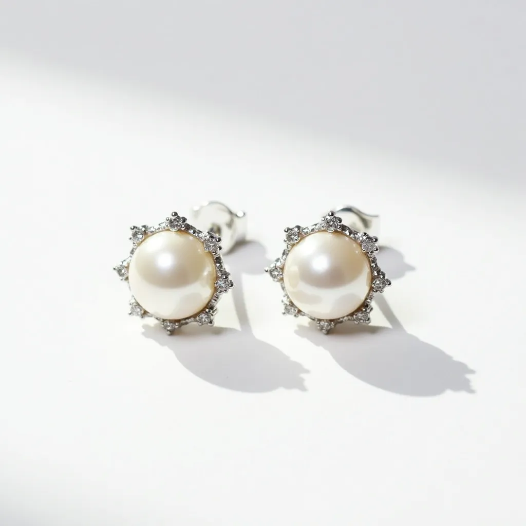 These pearl earrings feature a central round pearl, known for its lustrous and smooth surface, which serves as the main focal point of the design. The pearls are surrounded by a halo of small, round-cut clear stones, likely diamonds or cubic zirconia, set in a classic prong setting that enhances their brilliance and adds a touch of elegance. The earrings are attached to a metal base, which appears to be silver or white gold, providing a sleek and sophisticated backdrop. They are designed with a post-back, ensuring a secure and comfortable fit for the wearer.