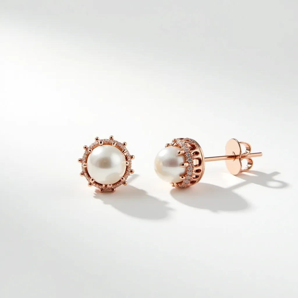 These pearl earrings feature lustrous white pearls set in a delicate rose gold setting. The pearls are surrounded by small, round-cut diamonds, accentuating their elegance. The diamonds are set in a halo style, adding a stunning sparkle to the piece. The earrings are equipped with a classic post and butterfly clutch fastening, ensuring a secure and comfortable fit. The combination of pearls, diamonds, and rose gold creates a timeless and sophisticated appearance.