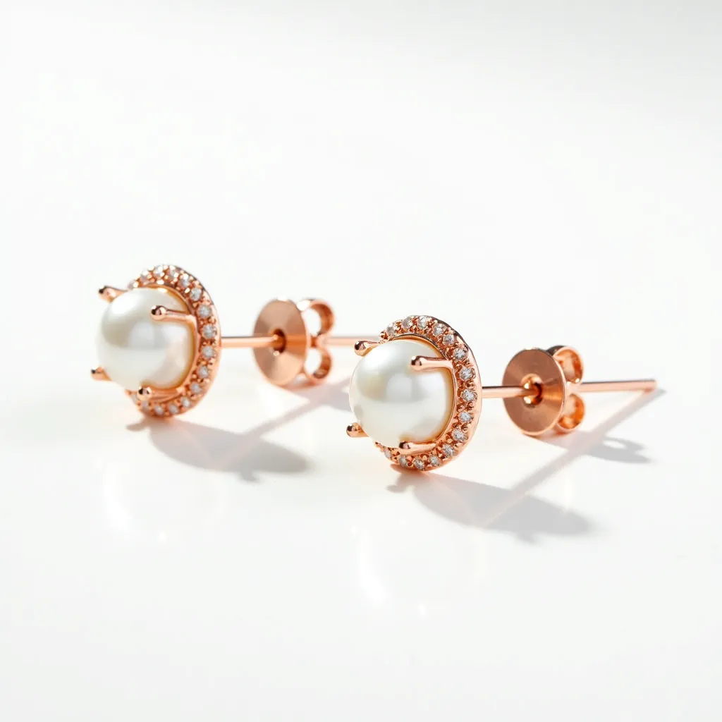 These pearl stud earrings feature a central round pearl, elegantly set in a rose gold setting. Surrounding the pearl is a halo of small, round-cut gems that are likely diamonds, adding a touch of sparkle and sophistication. The earrings are secured with a post-back clasp, ensuring they remain comfortably in position when worn. The combination of the lustrous pearl and the shimmering gemstones creates a classic and timeless design.