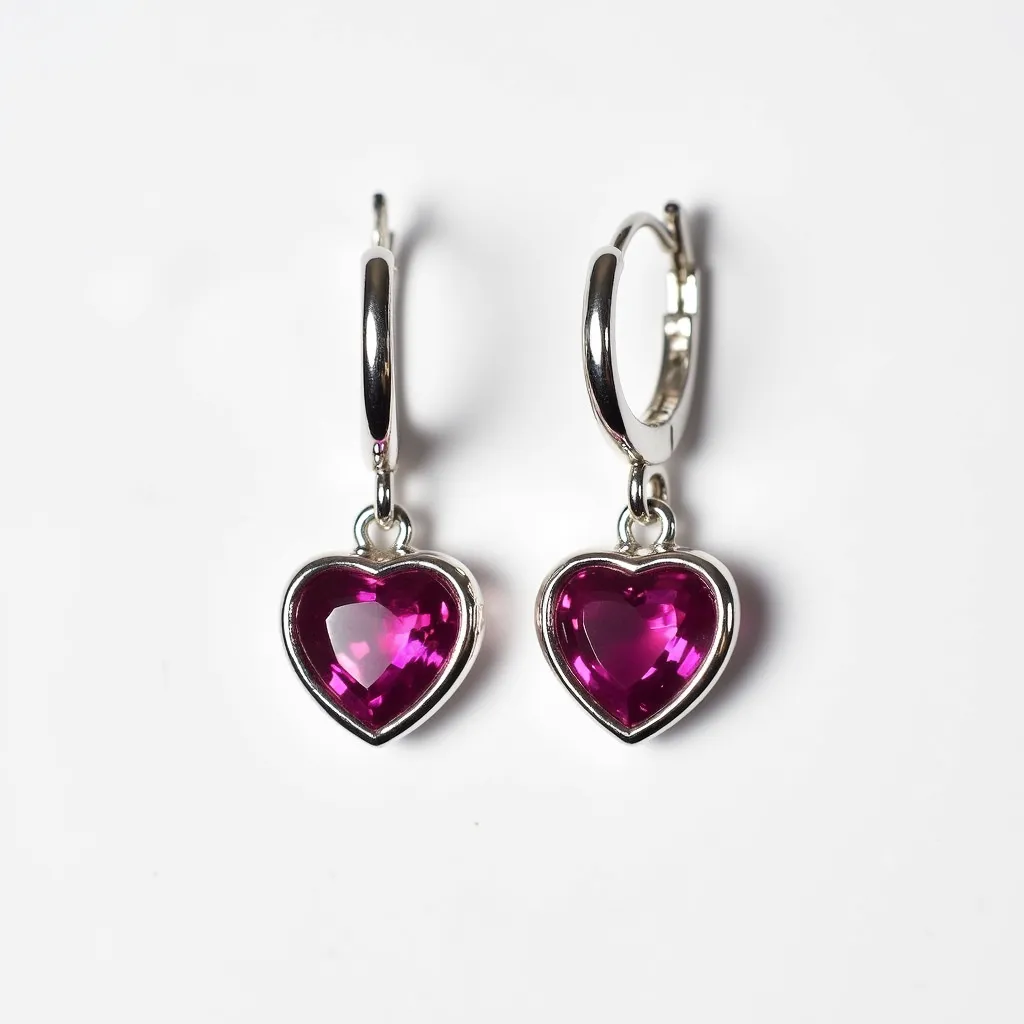 These pink earrings feature heart-shaped pink gemstones that are set in what appears to be a sleek metal, likely silver or white gold. The stones are faceted and exhibit a vibrant hue, adding a touch of elegance to the design. The gemstones are bezel set, which offers a modern and secure setting. The earrings are attached to small hoop clasps which provide a secure and comfortable closure. This design combines classic heart motifs with a contemporary setting, making them versatile for various occasions.