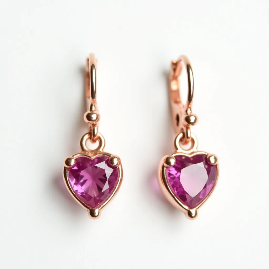 These pink earrings feature heart-shaped pink gemstones, likely faceted to enhance their brilliance, and are set in a three-prong setting that securely encompasses each stone. The metal appears to be a rose gold material, adding a warm tone that complements the pink of the gemstones. The earrings are designed with a hinged hoop clasp, allowing for secure attachment through the ear. The overall design is elegant and adds a romantic touch, making these earrings a charming accessory for any occasion.