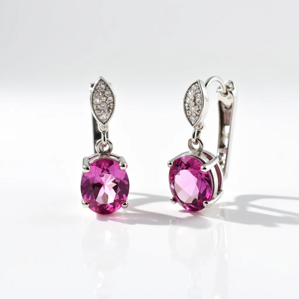 These pink earrings feature oval-cut pink gemstones, likely set in a four-prong setting, enhancing their brilliance and color. The settings appear to be crafted from a shiny metal, possibly silver or white gold, which elegantly complements the pink stones. Above the pink stones, there are marquise-shaped accents encrusted with small, sparkling clear gems, possibly diamonds, adding a layer of sophistication to the design. The earrings are attached with a lever-back clasp, providing both security and comfort.