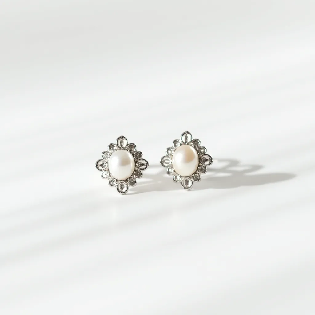 These post earrings feature a central oval-shaped pearl, surrounded by a halo of small, round-cut clear stones, potentially diamonds or cubic zirconia, that are set in a metal that appears to be silver or white gold. The gems are arranged in a symmetrical, floral-inspired pattern, enhancing the elegance and sophistication of the design. The earrings likely have a post-and-back attachment, a common feature for stud earrings, offering both security and ease of wear. The harmonious blend of the pearl's lustrous surface with the sparkling halo creates a classic and timeless aesthetic.