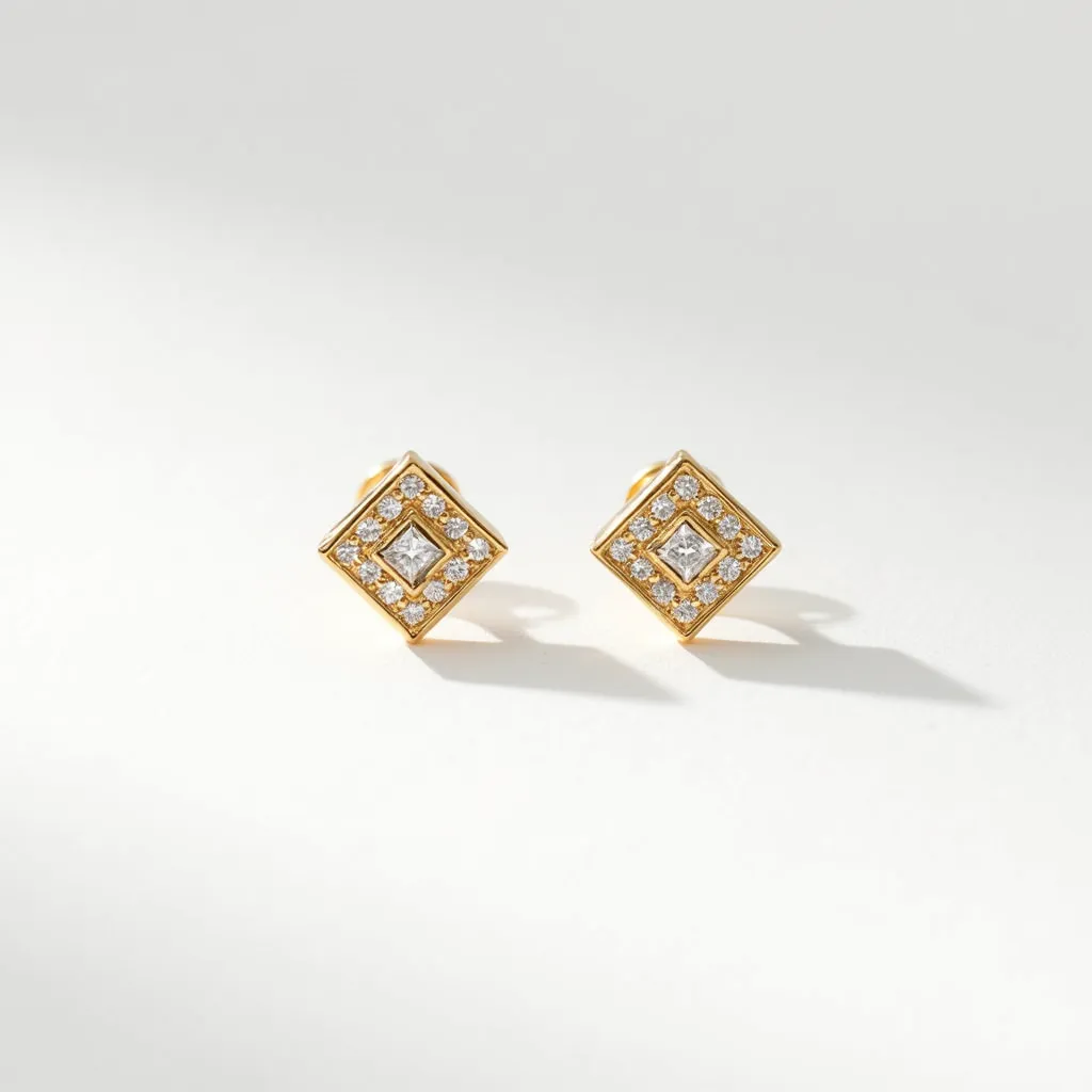 These post earrings feature a geometric design with a square formation, crafted in a gold-tone metal. Each earring centers around a prominent princess-cut gem, likely diamond, encased in a bezel-like setting. Surrounding the central gem is a border encrusted with smaller round-cut diamonds, adding a dazzling effect. The setting for the smaller stones appears to be pavé, ensuring a secure and flush fit. The earrings use a classic post and butterfly clutch back attachment, providing a secure fastening for everyday wear.