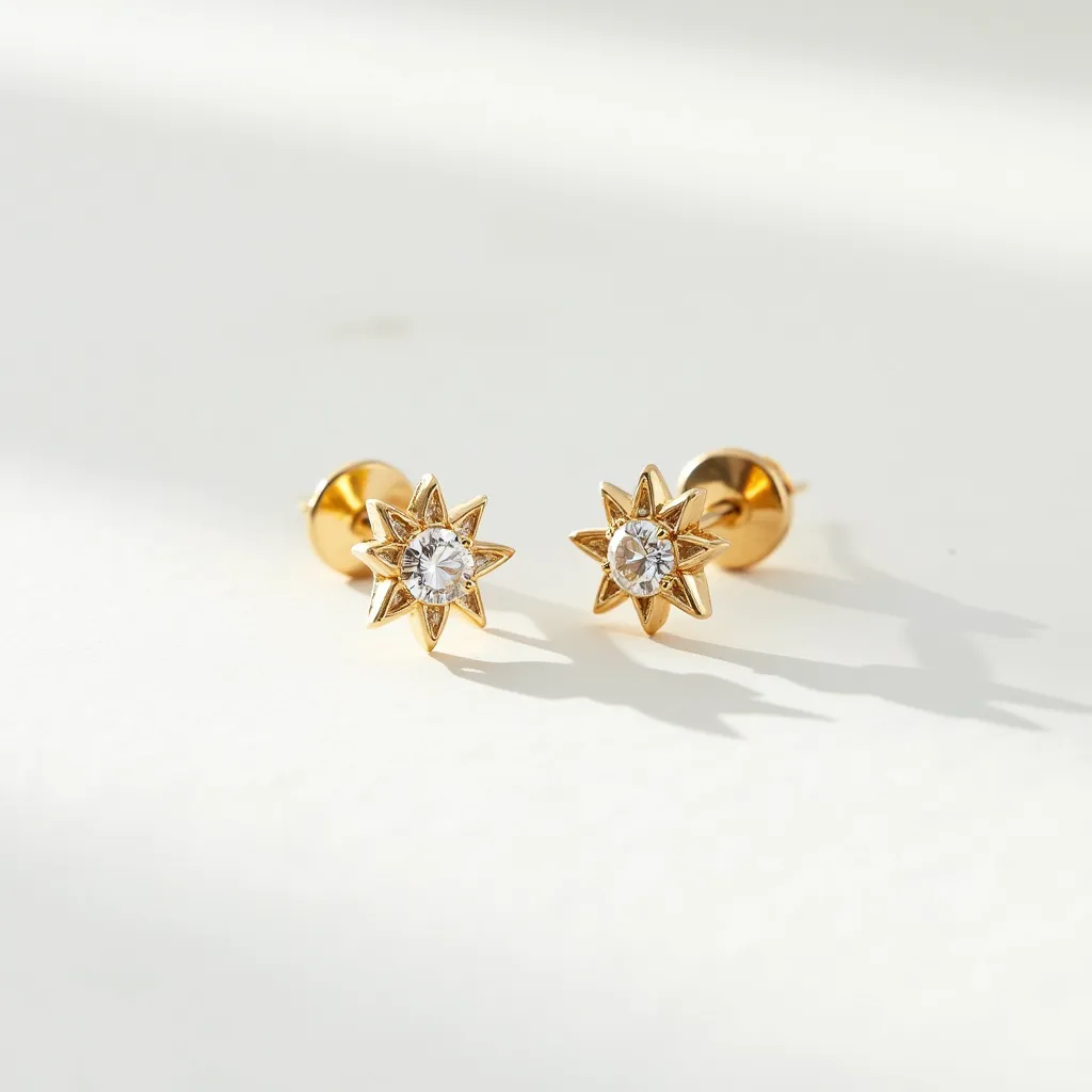 These post earrings feature a striking sunburst design crafted from gold-toned metal, giving them an elegant and radiant appearance. At the center of each earring, a round-cut clear gemstone is securely set, possibly a diamond or a similar crystal, adding a brilliant sparkle to the overall design. The gemstone is encircled by a series of gold rays, meticulously crafted to form a star-like shape, enhancing the captivating aesthetic. The earrings are equipped with a standard post and butterfly clutch back, ensuring a secure and comfortable fit when worn.