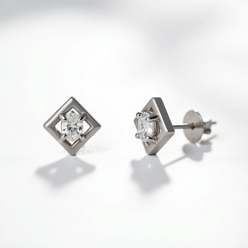 These post earrings feature a sophisticated design with an oval-cut gemstone as the focal point, likely a diamond, held securely in place by a four-prong setting. The earrings are made of a metal with a smooth, polished finish, possibly white gold or platinum, forming a unique geometric square frame that accentuates the central stone. The earring posts are straight, designed for piercing, and secured with a butterfly or push-back clasp, providing ease of wear and a snug fit. The combination of a classic gemstone cut and the modern, angular design of the frame offers an elegant and timeless aesthetic.