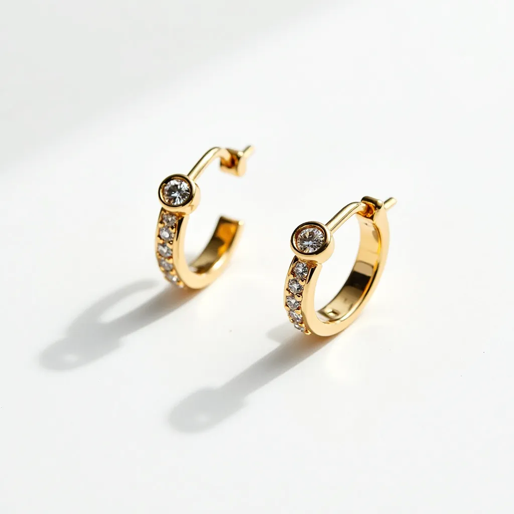 These ring earrings feature a polished gold material, forming a classic hoop design. Each earring is embellished with small round-cut clear stones set into the outer surface, adding a touch of elegance and sparkle. At the front of the hoop, a larger stone is bezel-set, enhancing the earring's luxurious appearance. The attachment is a hinged clasp, ensuring a secure and comfortable fit when worn.