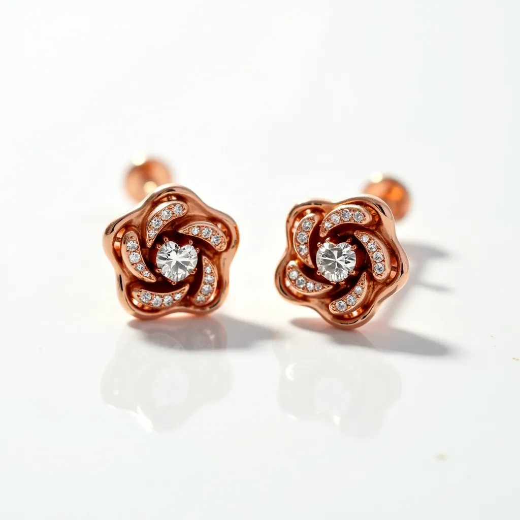 These rose earrings feature a delicate floral design crafted from a warm, rose gold metal. Each earring is adorned with a series of small, sparkling gemstones, likely diamonds, which line the graceful curves of the petals. At the center of each rose, a larger round-cut diamond is securely set, enhancing the earrings' brilliance and elegance. The earrings are equipped with a simple stud attachment, ensuring ease of wear and a secure fit.