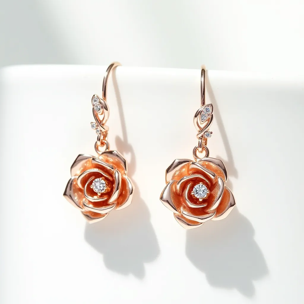 These rose earrings feature intricately crafted rose-shaped designs made from a warm-toned metal, likely rose gold. At the center of each rose, there is a single round-cut gemstone that appears to be a diamond, securely set to highlight its brilliance. These earrings employ fishhook clasps for attachment, offering a graceful drape when worn. The overall design is enhanced by additional small round gemstones accentuating the clasp area, adding an extra touch of sparkle and elegance to the piece.