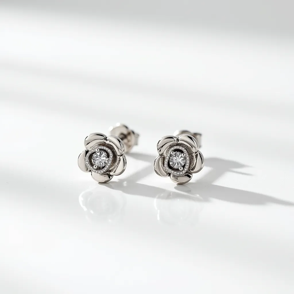 These rose earrings feature an elegant floral design crafted from a metallic material that exhibits a polished, lustrous finish. At the center of each rose-shaped earring is a round-cut gemstone, secured in a classic bezel setting that enhances its brilliance. The petals of the rose are sculpted with smooth, rounded edges, adding a delicate and refined touch. These earrings attach with a standard post backing, providing a secure and comfortable fit. The overall design combines a timeless floral motif with sparkling central gems, creating a sophisticated accessory suited for various occasions.