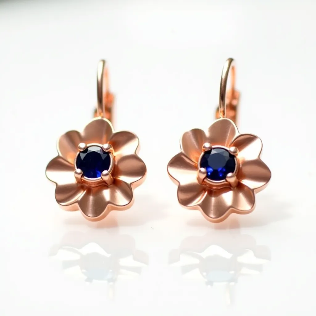 These rose gold earrings feature a floral design, with each earring showcasing a central blue stone that appears to be round-cut and is securely set in a prong setting. The petals surrounding the stone are crafted from rose gold, giving the earrings a warm, lustrous appeal. The earrings use a lever-back clasp mechanism, providing a secure attachment. The combination of the rose gold and blue stone adds an elegant contrast, making these earrings a stylish accessory.