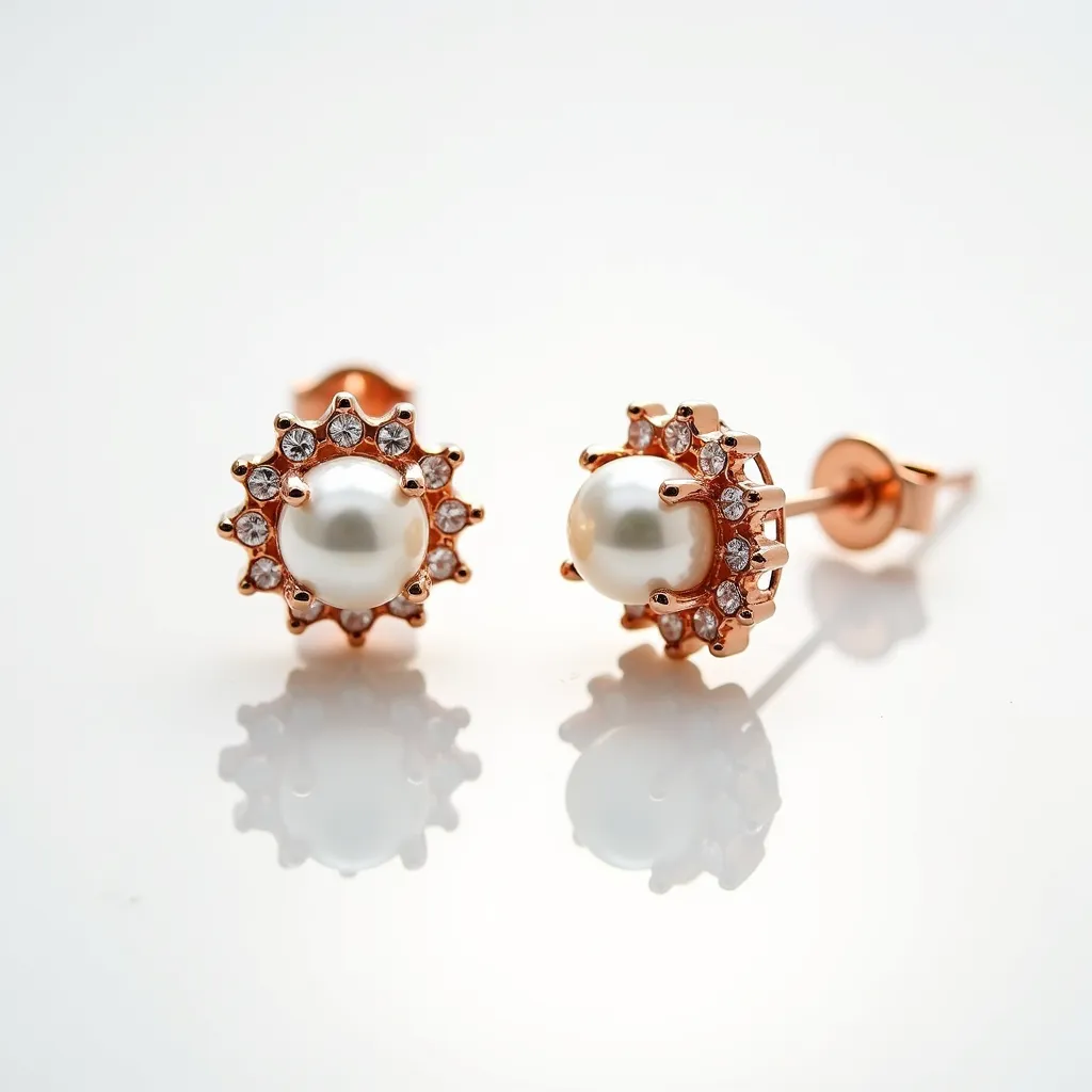 These rose gold earrings feature a central pearl that exudes a classic elegance, set in a halo of small round-cut diamonds, enhancing its luxurious appearance. The diamonds are securely set in a prong setting, which elegantly showcases their sparkle against the warmth of the rose gold. The earrings are equipped with a stud post and a secure butterfly clasp attachment, ensuring a comfortable and stable fit. The harmonious blend of the luminous pearl with the glittering diamonds and the soft glow of rose gold creates a timeless and sophisticated accessory.