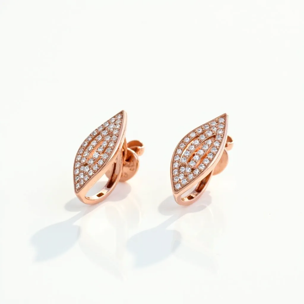 These rose gold earrings feature a graceful, elongated marquise shape, artfully crafted from rose gold, which provides a warm, elegant hue. They are adorned with numerous small, round-cut gemstones, likely diamonds, that are pavé set along the surface, creating a sparkling effect that enhances their opulence. The earrings are designed with a secure push-back clasp, ensuring a comfortable and reliable attachment to the ear. The intricate arrangement of the stones, combined with the sophisticated design, offers a luxurious and timeless appeal.