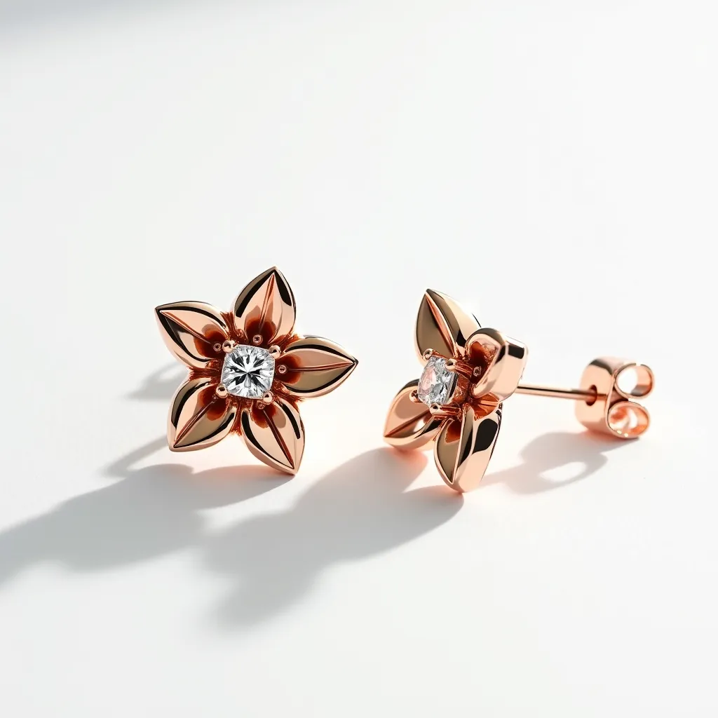 These rose gold earrings feature a charming floral design, meticulously crafted from rose gold material that emits a warm, pinkish hue. Each earring showcases a single, central gemstone, likely a diamond or a clear crystal, which is round cut and expertly set in a prong setting to enhance its brilliance. The floral petals elegantly wrap around the centerpiece, accentuating its sparkle and enhancing the overall elegance of the piece. These earrings are equipped with a classic post and butterfly clutch back, ensuring a secure and comfortable fit when worn, making them a stylish addition to any jewelry collection.