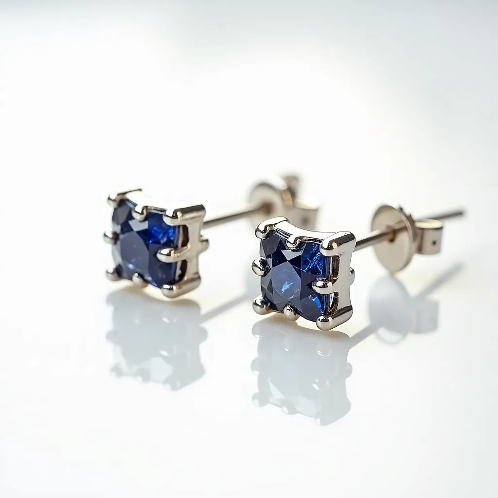 These sapphire earrings feature exquisite blue sapphires as the central gemstones, cut in a geometric shape that enhances their brilliance and depth. The sapphires are securely set in a prong setting, with four prominent metal prongs holding each stone, likely crafted from white gold or platinum, adding to the elegance and durability. The earrings are designed as stud types, with a straight post and a push-back clasp, ensuring ease of wear and secure fastening. The overall design highlights the stunning color and cut of the sapphires, making these earrings a sophisticated choice for any occasion.