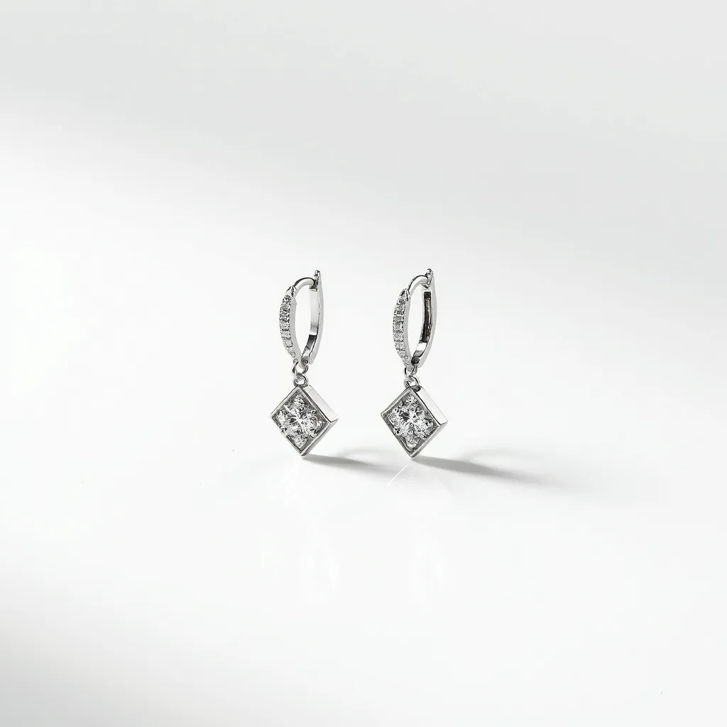 These silver dangle earrings feature a sleek and modern design, incorporating a polished silver material throughout. Each earring is adorned with a square-cut clear gemstone, possibly a diamond or a diamond substitute, that is elegantly set within a bezel setting which securely holds the stone while allowing it to catch the light beautifully. The earrings are attached to a loop with a lever-back clasp, providing both security and ease of wear. The design is accentuated by additional small gemstones set along the front of the loop, adding an extra touch of sparkle and sophistication to the overall aesthetic.