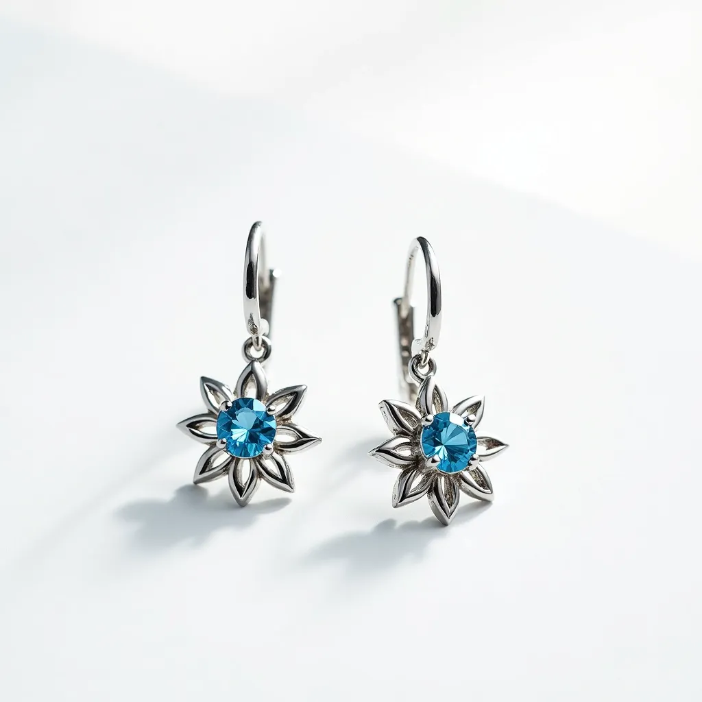 These silver drop earrings feature a delicate design shaped like a floral motif, with each earring centered by a vibrant blue gemstone. The stones appear to be round-cut and are secured in a prong setting, which allows them to catch the light beautifully. The silver petals surrounding the central stone enhance the floral design and add an elegant touch to the piece. The earrings are equipped with a lever-back clasp, ensuring both security and comfort when worn. The combination of the blue gemstone and silver material creates a timeless and versatile accessory suitable for various occasions.