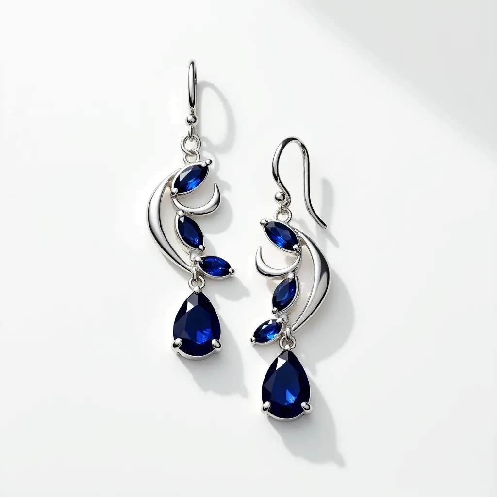 These silver drop earrings feature a graceful design with a series of vibrant blue gemstones. The earrings are adorned with marquise-cut blue stones, elegantly set in a delicate, swirling pattern. Suspended beneath these is a larger, teardrop-shaped blue gemstone, securely held in a prong setting, adding a striking focal point to the design. The earrings have a simple, yet secure fishhook clasp, enhancing their elegant and classic drop style. The overall craftsmanship highlights the elegant pairing of sterling silver with the deep, rich blue hues of the stones.