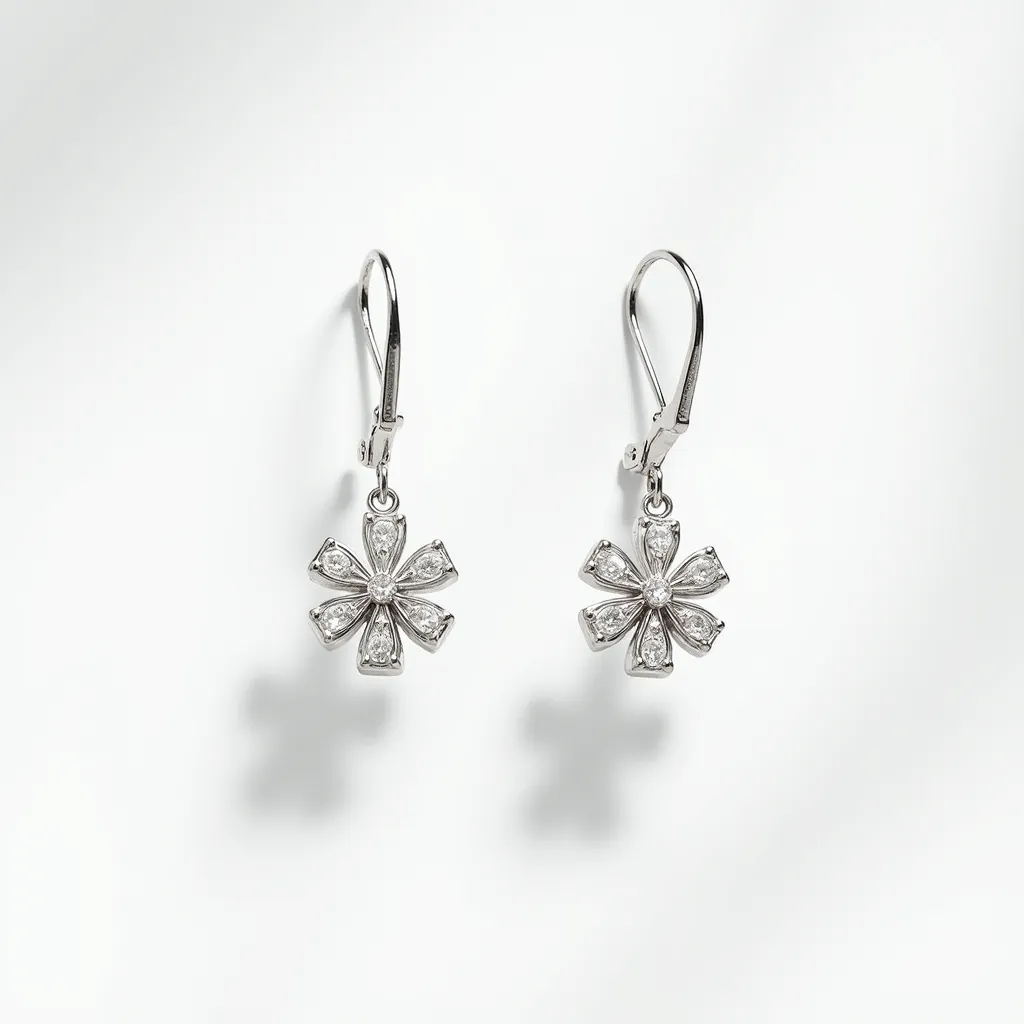 These silver drop earrings feature a floral design, each crafted with six petals. The petals appear to be adorned with small, clear gemstones, likely diamonds or cubic zirconia, which are teardrop cut and set in a bezel setting to complement the elegant design. The earrings are finished with leverback clasps, providing a secure and comfortable attachment. The high polish of the silver enhances the overall sparkle and elegance, making them suitable for both casual and formal occasions.