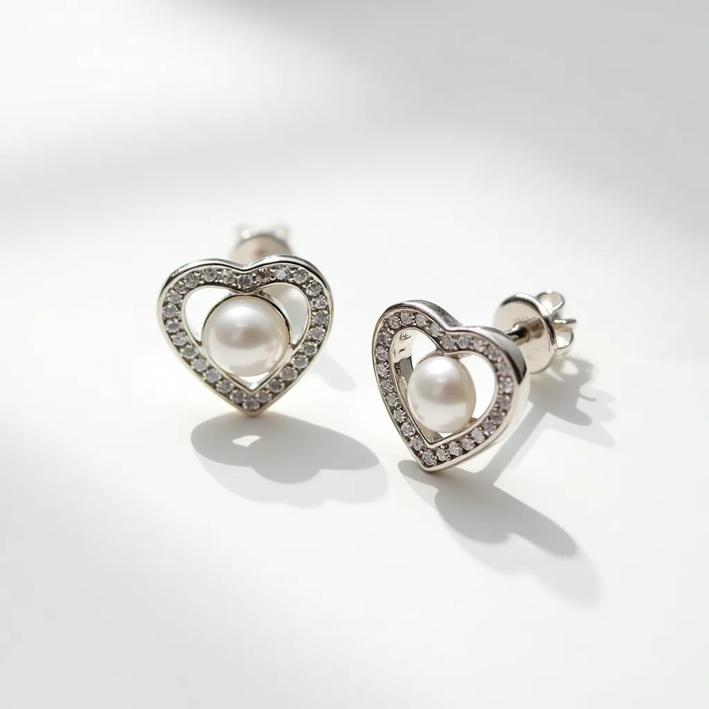 These silver heart earrings feature a harmonious design combining elegant materials and craftsmanship. The earrings are crafted from silver, forming a delicate heart shape outlined with small, round-cut diamonds or diamond-like gems set in a pavé style, creating a sparkling perimeter. At the center of each heart, a lustrous pearl is securely seated, adding a classic touch with its smooth, spherical shape. The earrings are equipped with a post and butterfly clutch back, ensuring a secure and comfortable fit for the wearer.