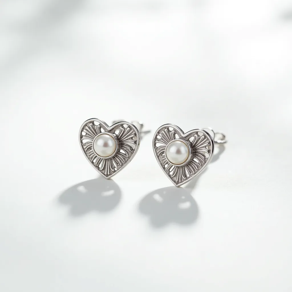 These silver heart earrings are crafted from a polished silver material, featuring an intricate floral design within the heart shape. Each earring is adorned with a central round white pearl, which is elegantly set in a bezel setting that secures the pearl in place while allowing its natural luster to be fully displayed. The earrings utilize a post back clasp, offering a secure and comfortable fit for pierced ears.