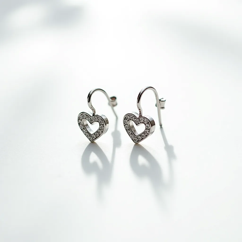 These silver heart earrings feature a charming heart-shaped design crafted from silver, adorned with a series of small, sparkling stones that enhance their elegance. Each stone appears to be round-cut, adding a brilliant shimmer to the pieces. The stones are set in a pavé setting, snugly fit into the surface to create a continuous sparkle across the heart shape. These earrings attach with a simple hook clasp, allowing for easy wear and secure attachment. The sleek design and careful craftsmanship make them a versatile accessory suitable for various occasions.