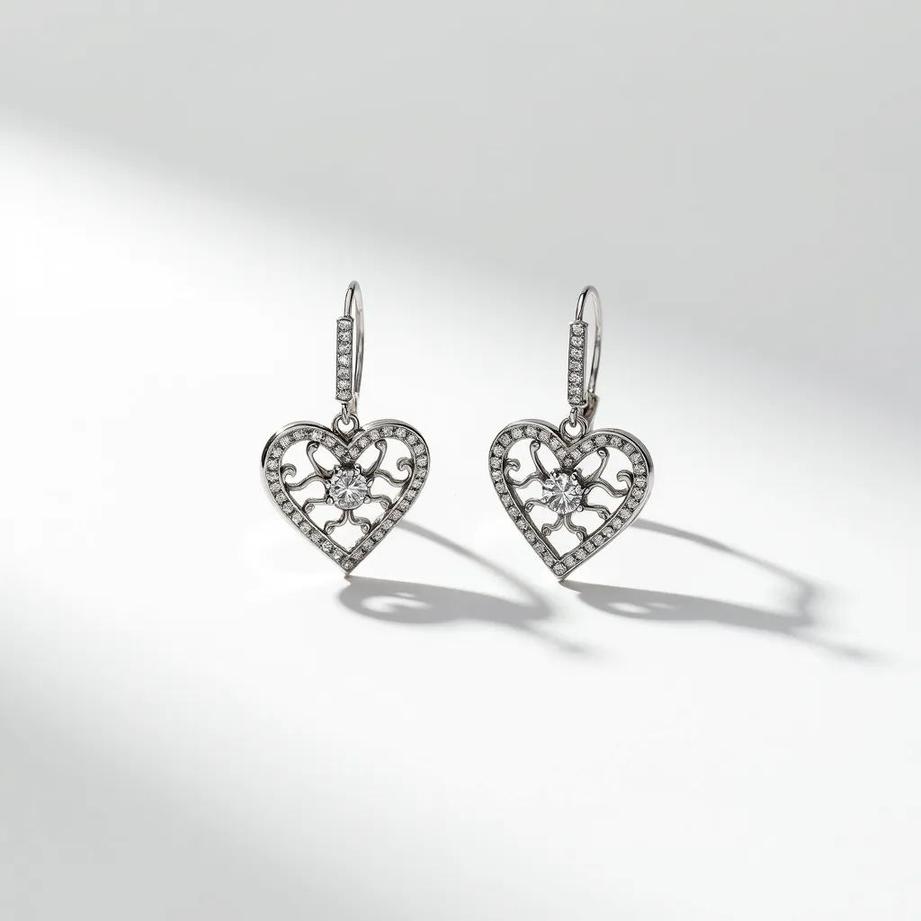 These silver heart earrings feature an intricate openwork design crafted from silver, showcasing elegance and sophistication. The heart shapes are adorned along the edges with small, round-cut white gemstones in a pave setting, adding a delicate sparkle. At the center of each heart, there's a larger, single gemstone, likely a round brilliant-cut stone, prominently set to catch the light. The earrings are equipped with a curved hook clasp, providing a secure and stylish attachment mechanism to ensure they hang gracefully when worn.