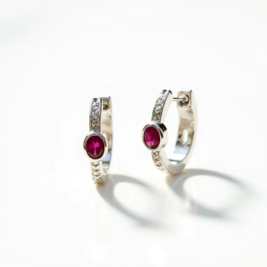 These silver hoop earrings feature a sleek and polished design, primarily composed of a lustrous silver metal that forms the circular structure of the hoops. Each earring is adorned with a prominent oval-shaped gem, exhibiting a vibrant red hue that suggests it could be a ruby or similarly colored stone. These gemstones are elegantly set in a bezel setting, adding a touch of sophistication to the overall design. The hoops are intricately detailed with patterned embellishments along the outer surface, enhancing their aesthetic appeal. The earrings are equipped with a hinged clasp mechanism, ensuring secure and comfortable wear while maintaining the elegance of the piece.