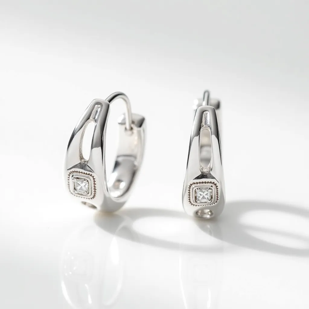 These silver huggie earrings are crafted from sleek, polished silver material and feature a chic design that hugs the earlobe comfortably. Each earring showcases a single, small square gem with a clear, faceted cut, likely set in a bezel or milgrain setting that adds intricate detail around the stone. The earrings have a hinged clasp mechanism, which makes them easy to put on and secure while wearing. The overall design emphasizes simplicity with a touch of elegance, highlighted by the reflective quality of the silver and the sparkle of the gem.