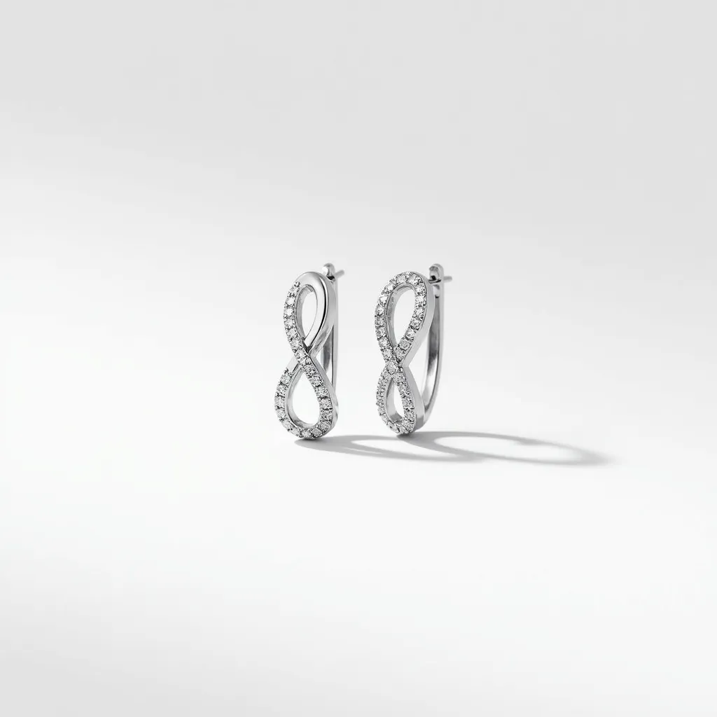 These silver huggie earrings feature an elegant design in an infinity loop shape, crafted from a high-quality silver metal. The earrings are adorned with small round cut stones, likely diamonds or cubic zirconia, that are set along the front side of the loop. Each stone is meticulously placed in a pavé setting, adding a continuous sparkle to the piece. The earrings are equipped with a secure hinge clasp mechanism, ensuring they stay comfortably in place when worn.