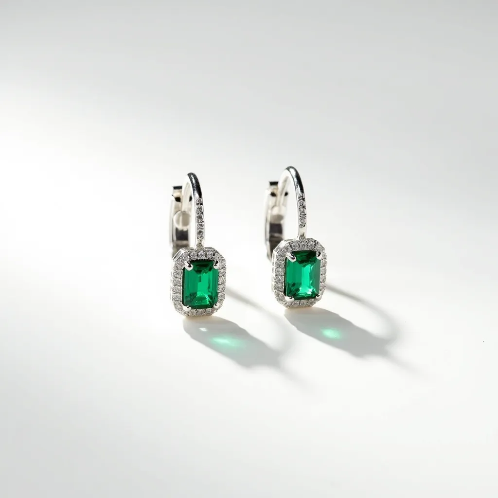 These silver huggie earrings feature a sleek design with a polished, metallic finish forming the base material. Each earring is adorned with a prominent, rectangular emerald-cut green gemstone, set securely at the front. Surrounding these vibrant stones is a halo style setting, encrusted with small, sparkling clear stones that add an extra layer of elegance. The clasp mechanism is a classic hinged closure, which allows for easy wearing and ensures a secure fit on the earlobe. Overall, the combination of green gemstones and clear embellishments enhances the earrings' sophistication.