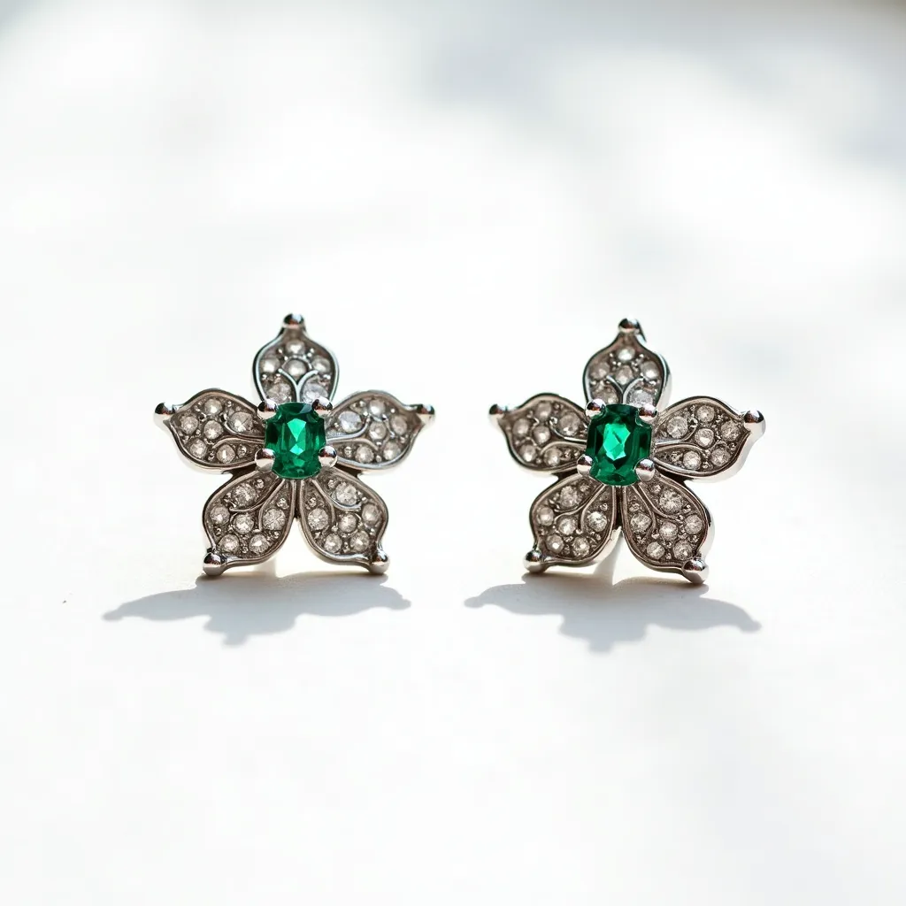 These silver stud earrings feature a delicate floral design, with each earring crafted in the shape of a five-petal flower. The center of each flower displays a vivid, green gemstone cut in an oval shape, securely held in place with prong settings. Surrounding the central stones, the petal-like sections are adorned with small, round white stones, adding a touch of sparkle. The overall composition is intricately designed, with the silver providing a sleek and polished backdrop to the vibrant and clear gemstones. The back of the earrings features a classic stud attachment, ensuring a secure and comfortable fit.