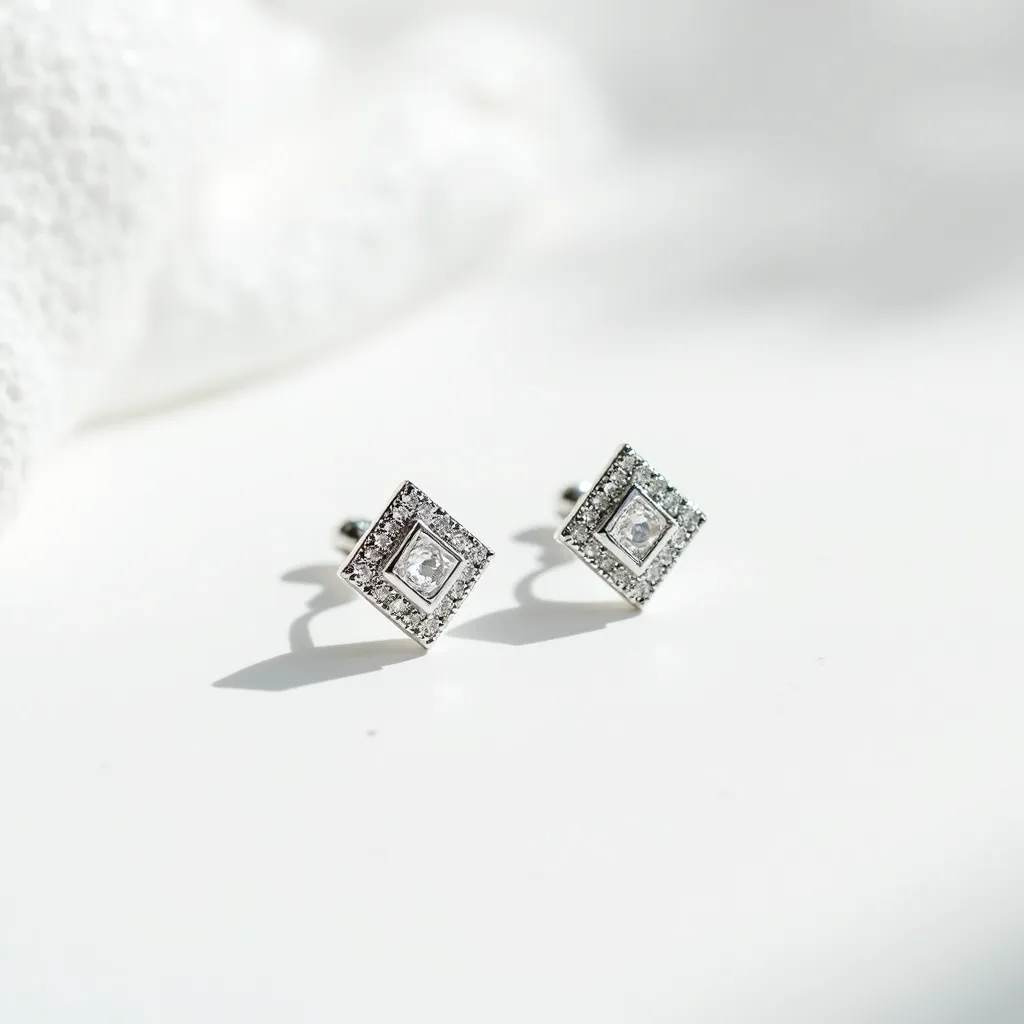 These silver stud earrings feature a square-shaped design with a central gemstone that appears to be a clear, faceted stone, likely a diamond or cubic zirconia, set in a bezel or similar setting. Surrounding the central stone is a halo of smaller, similarly clear stones, adding a sparkling accent to the overall design. The earrings are secured with a classic post and butterfly back clasp, ensuring they remain comfortably in place when worn. The combination of the central and halo stones provides an elegant and sophisticated look, making these earrings ideal for both casual and formal occasions.