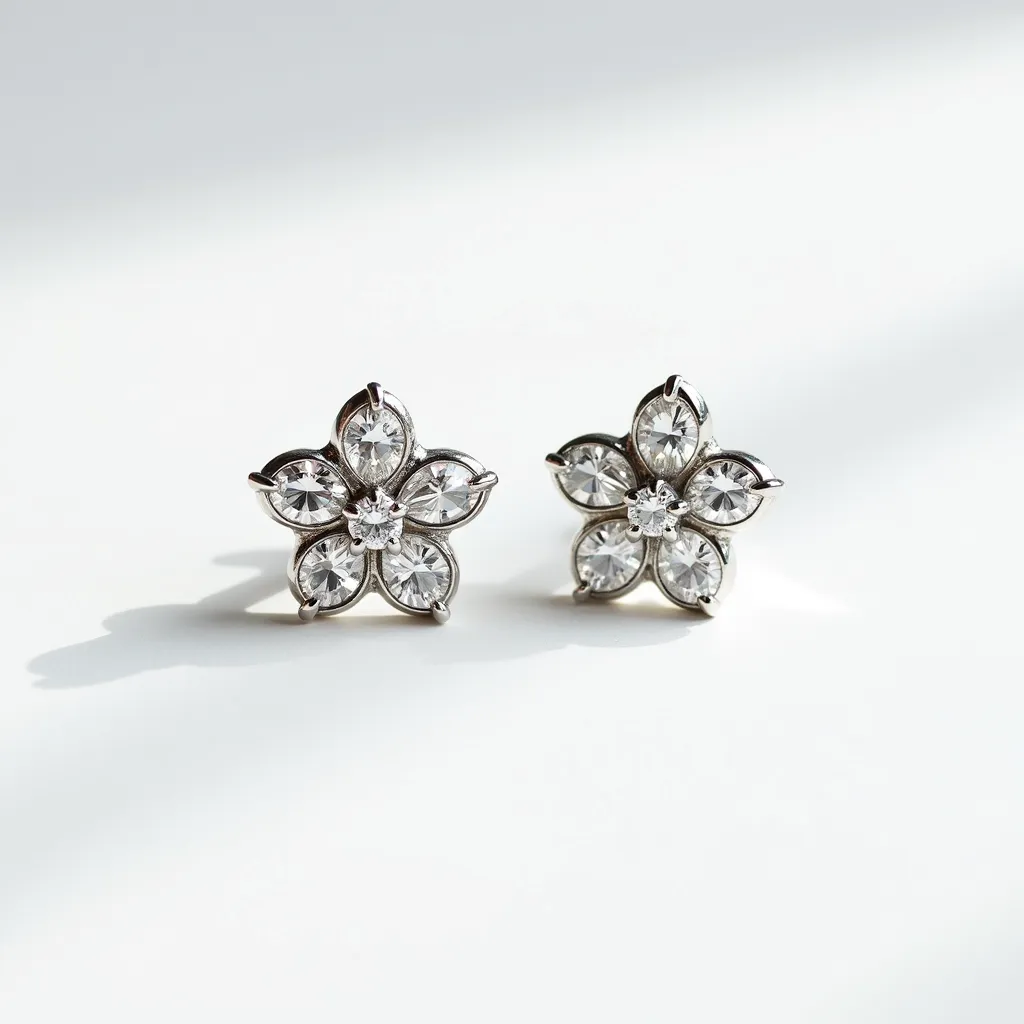 These silver stud earrings feature a delicate floral design, with each earring shaped like a flower composed of five marquise-cut gems arranged as petals and a round-cut gem at the center. The gems, likely clear stones such as cubic zirconia or diamonds, are securely set in a prong setting which enhances their sparkle and brilliance. The metal is polished silver, giving the earrings a bright and elegant finish. These earrings likely use a classic friction back clasp for secure attachment to the ear, making them a stylish and secure option for various occasions.