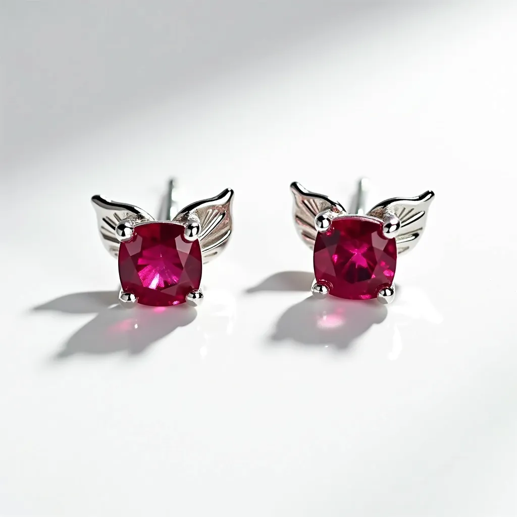 These silver stud earrings feature a vibrant, cushion-cut red gemstone set in a prong setting, which enhances its brilliance and appeal. The silver is intricately shaped into delicate wing-like designs on either side of the gemstone, adding a charming and whimsical touch. The gemstones are securely held with a classic prong setting that accents their facets. The earrings are designed with a post-back closure, ensuring they are easy to wear and stay securely in place.