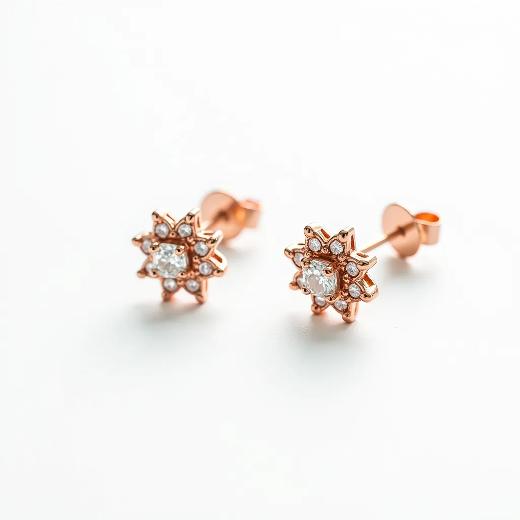 These small earrings feature a delicate rose gold setting fashioned into a floral design, with a central round-cut stone that appears to be a clear gemstone, possibly a diamond or cubic zirconia. Surrounding this central gem are smaller, similarly-cut stones, enhancing the starburst effect of the design. The stones are set securely into the metal, maintaining a polished and sophisticated look. These earrings utilize a classic post and butterfly clutch back attachment, which is both secure and easy to use, making them suitable for everyday wear or special occasions.